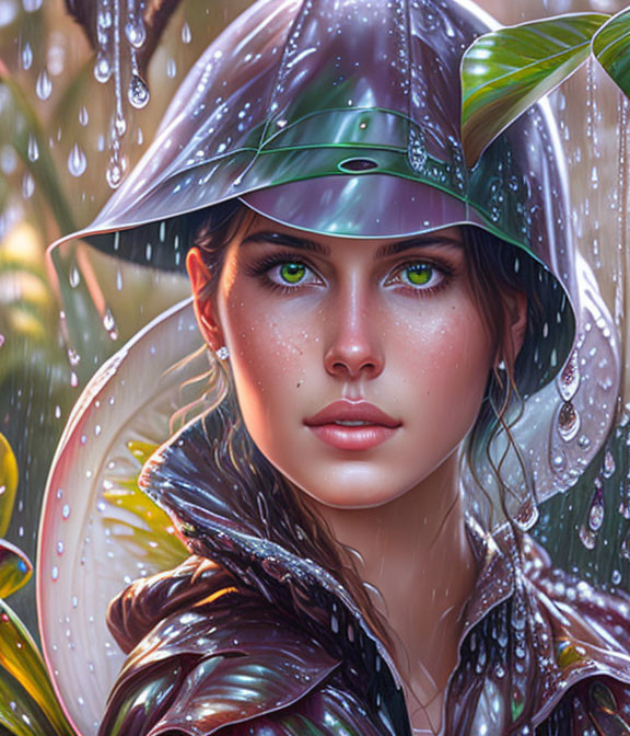 Woman with water droplets under large leaf in tropical setting