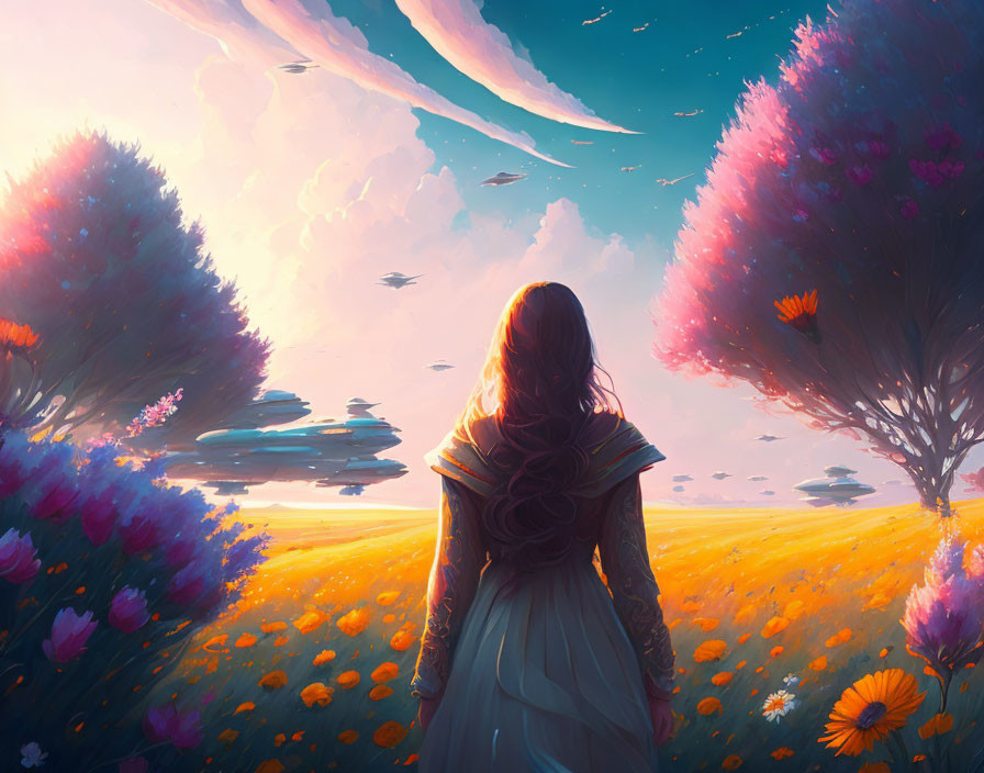 Woman in dress admiring vibrant flower field and fantastical sky
