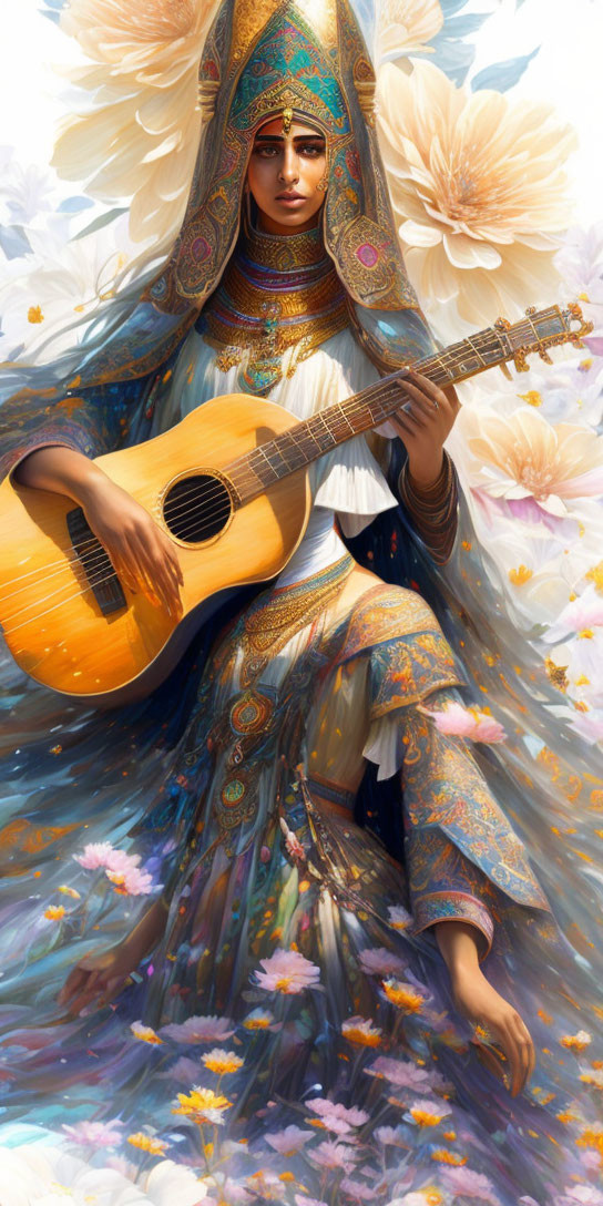 Traditional Attire Woman with Guitar and White Flowers