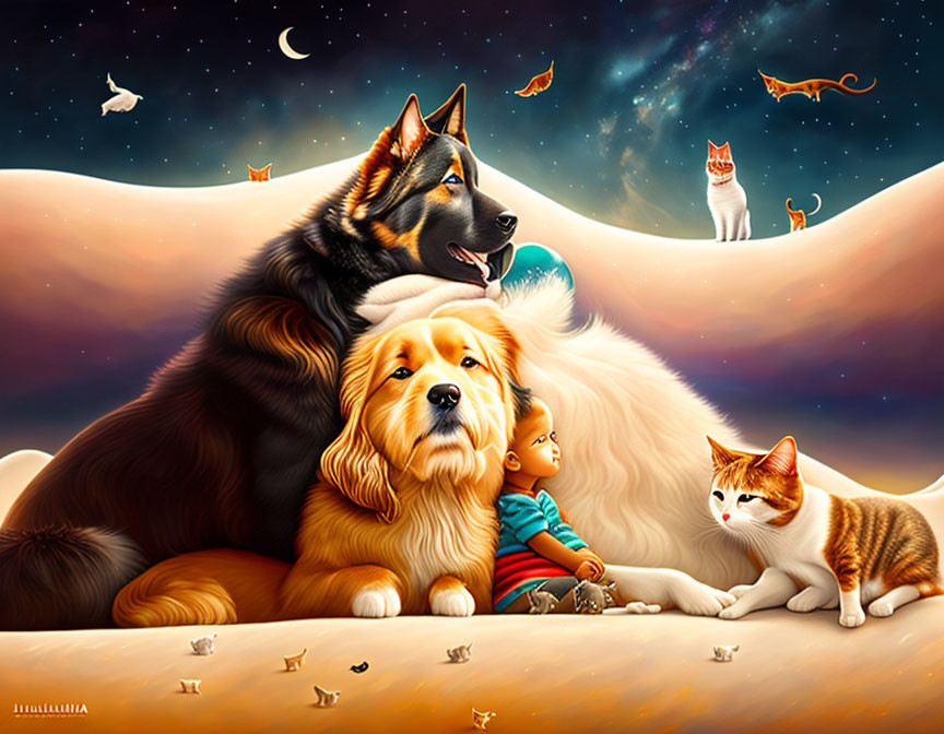 Child with dogs, cats on dune under starry sky with fish and distant planet
