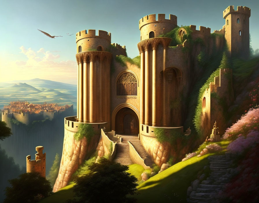 Fantasy castle with soaring towers on lush hillside overlooking distant city under golden sky