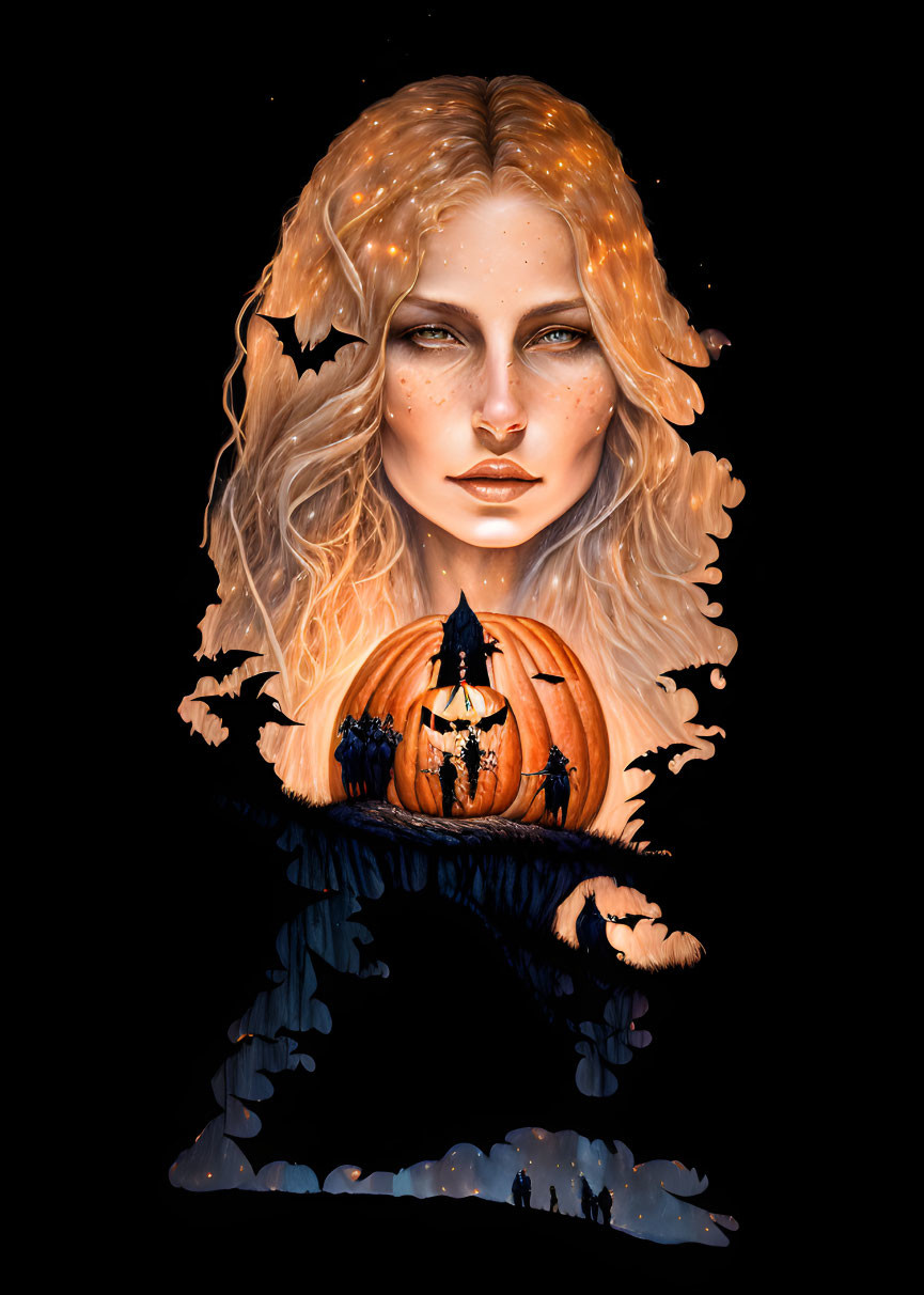 Surreal portrait: woman's face merges with pumpkin in dark landscape