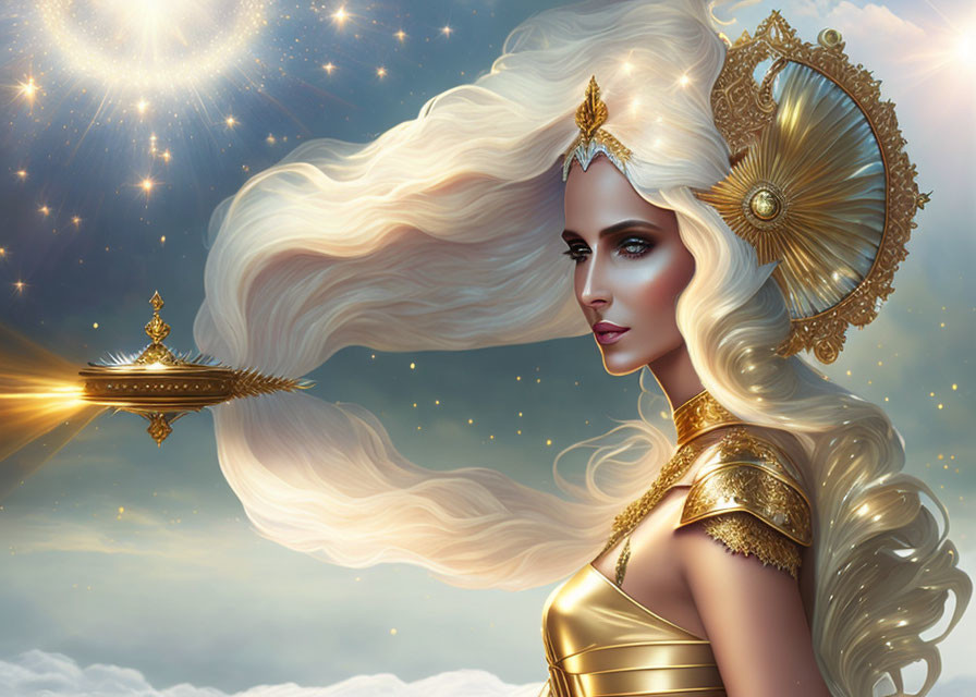 Ethereal woman in golden armor under celestial sky