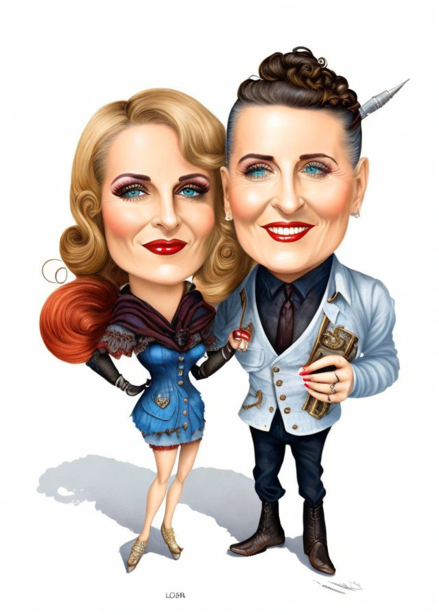 Exaggerated caricature of a woman in blue dress and a man in suit