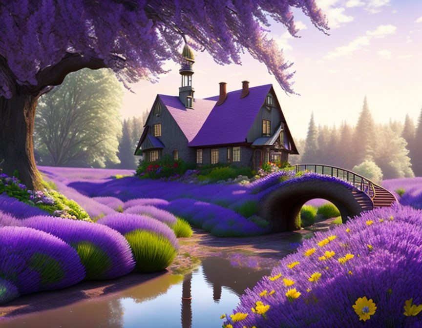 Victorian-style house in lavender fields with bridge over stream