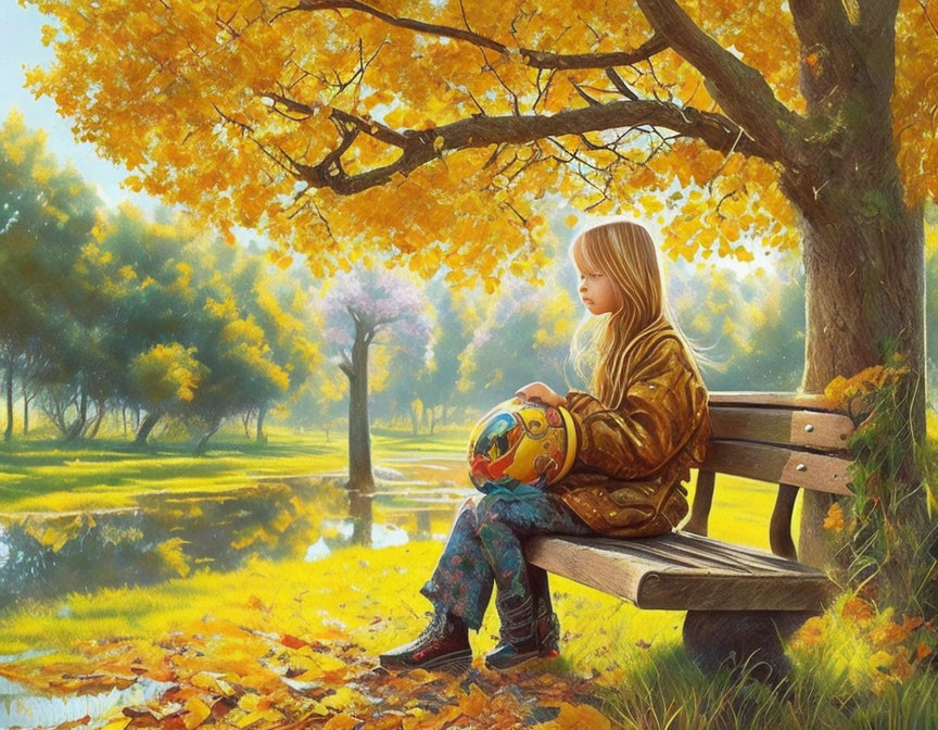 Young girl with colorful ball sitting on park bench under autumn trees