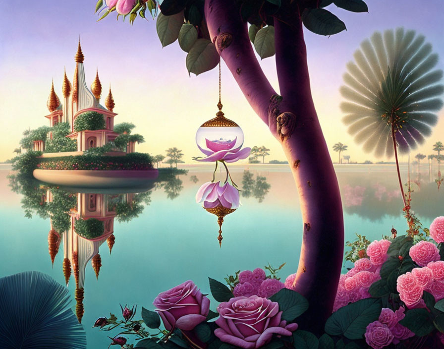 Fantastical landscape with pink-tinted castles and oversized flowers reflected in serene water