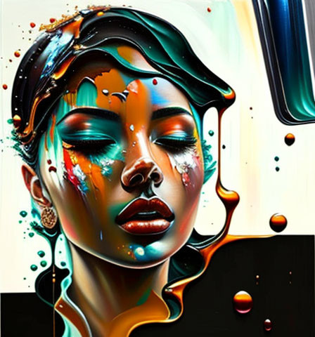 Colorful abstract portrait of a woman with dripping paint