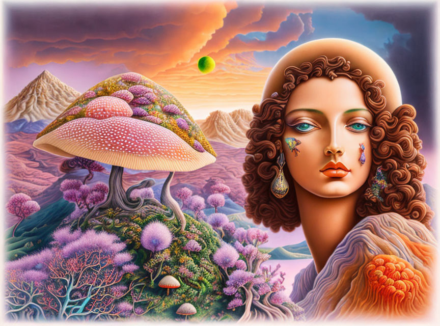 Surreal illustration: woman's face, giant mushroom, fantastical landscape