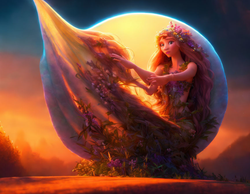 Animated princess with floral crown surrounded by glowing orb in dusk setting