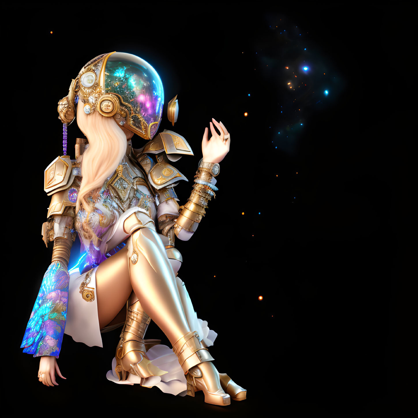 Futuristic female figure in cosmic armor against starry backdrop
