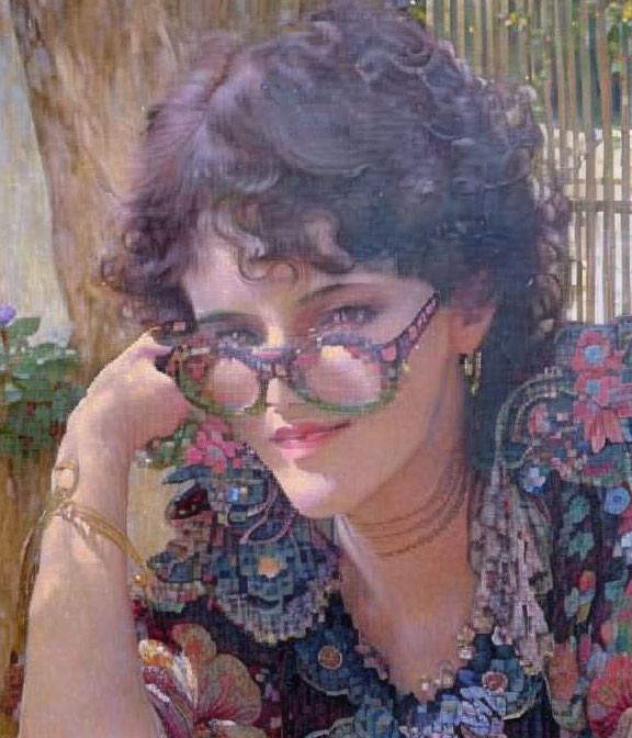 Curly-Haired Woman in Floral Outfit Adjusting Glasses in Bamboo Setting