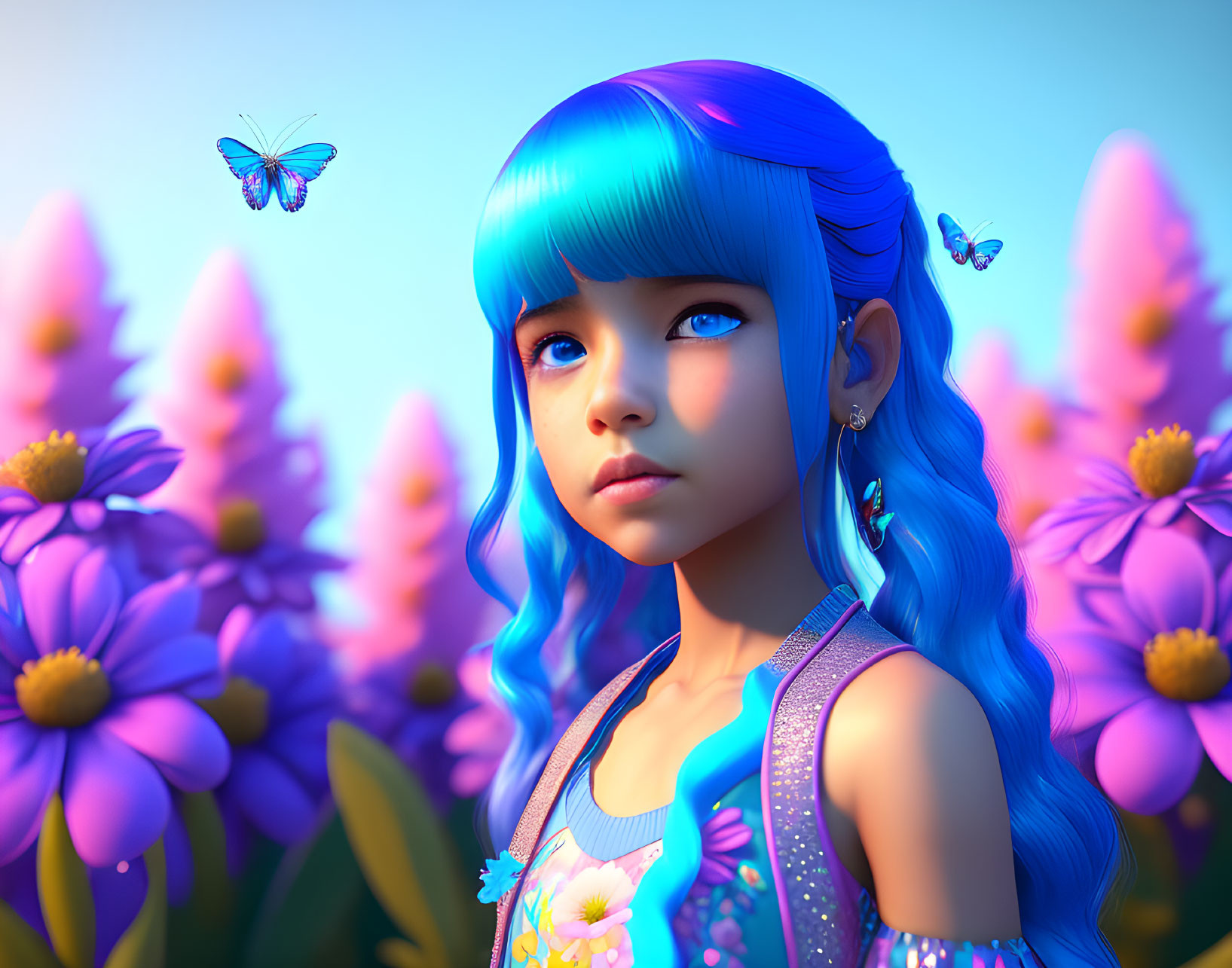 Vibrant digital art: girl with blue hair in purple flower field with butterflies