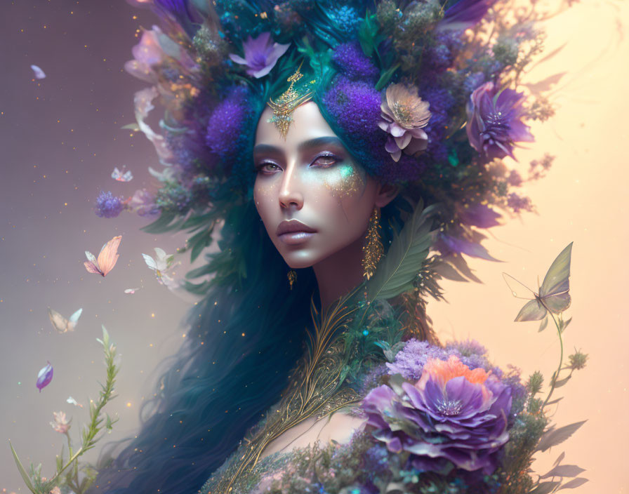 Woman with floral headdress and butterflies in magical setting