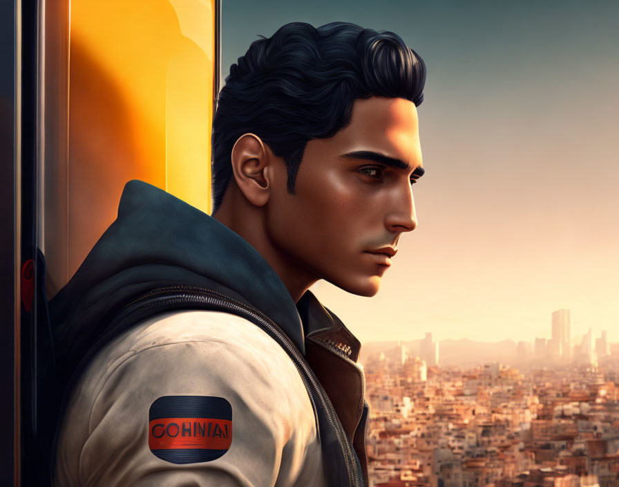 Man with dark hair and jacket gazes at futuristic cityscape at sunset