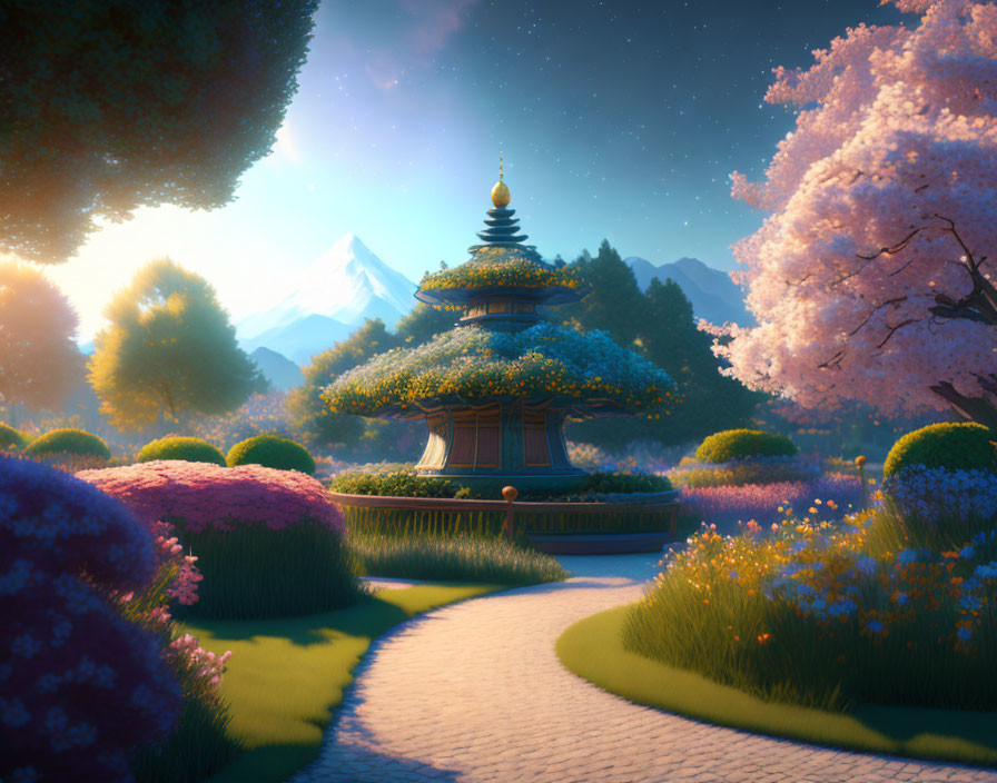 Tranquil fantasy garden with pagoda, winding paths, lush flora, sunset sky, mountains.