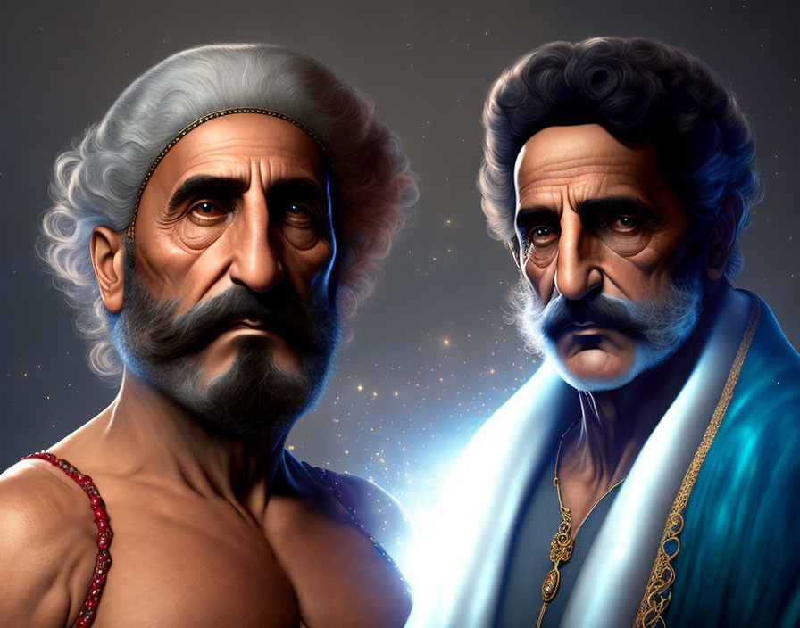 Regal elderly men in digital art: one bare-chested, the other in blue robes, set