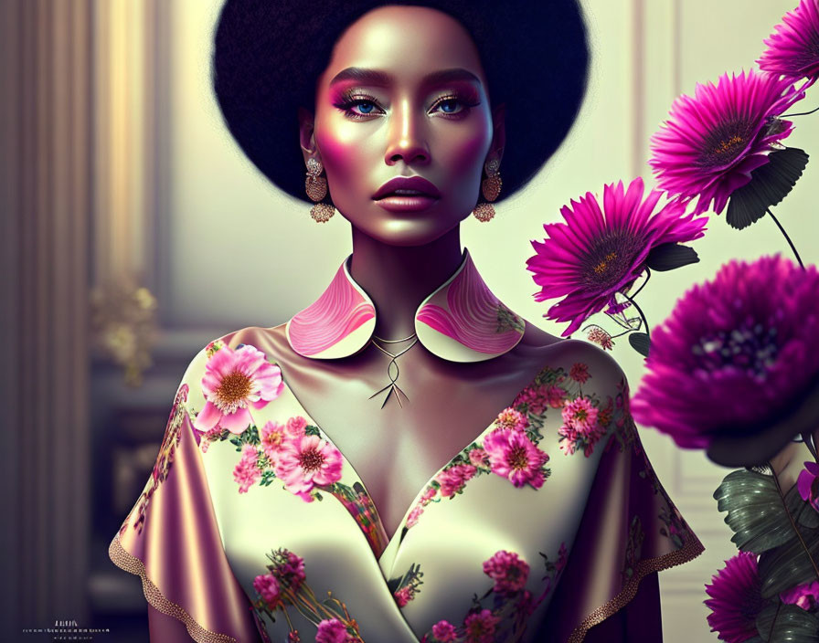 Digital artwork featuring woman with striking makeup and floral dress surrounded by vibrant flowers