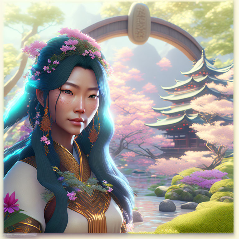 Fantasy illustration: Woman with blue hair in traditional attire, blossoming tree & pagoda.