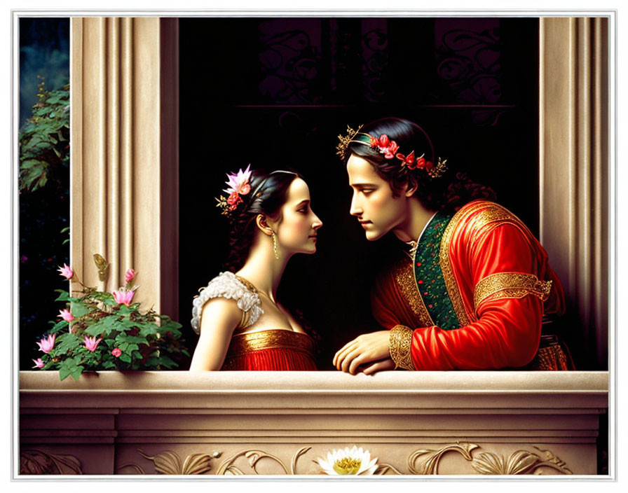 Renaissance painting: Man and woman in crowns, sharing intimate moment on balcony with lush flora