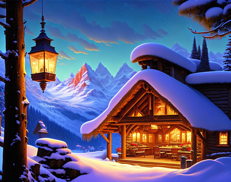 Snowy night scene: cozy log cabin, lantern, starlit sky, snowy mountains.