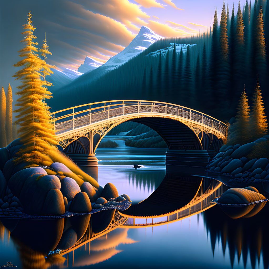 Serene river with ornate bridge, mountains, and twilight forest landscape