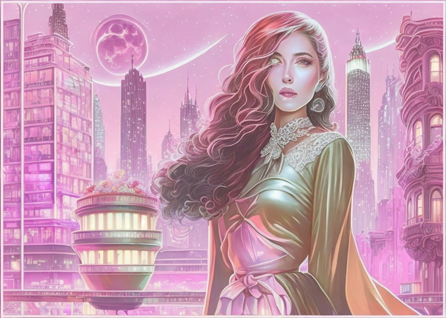 Illustrated woman with flowing hair in futuristic cityscape under pink sky.