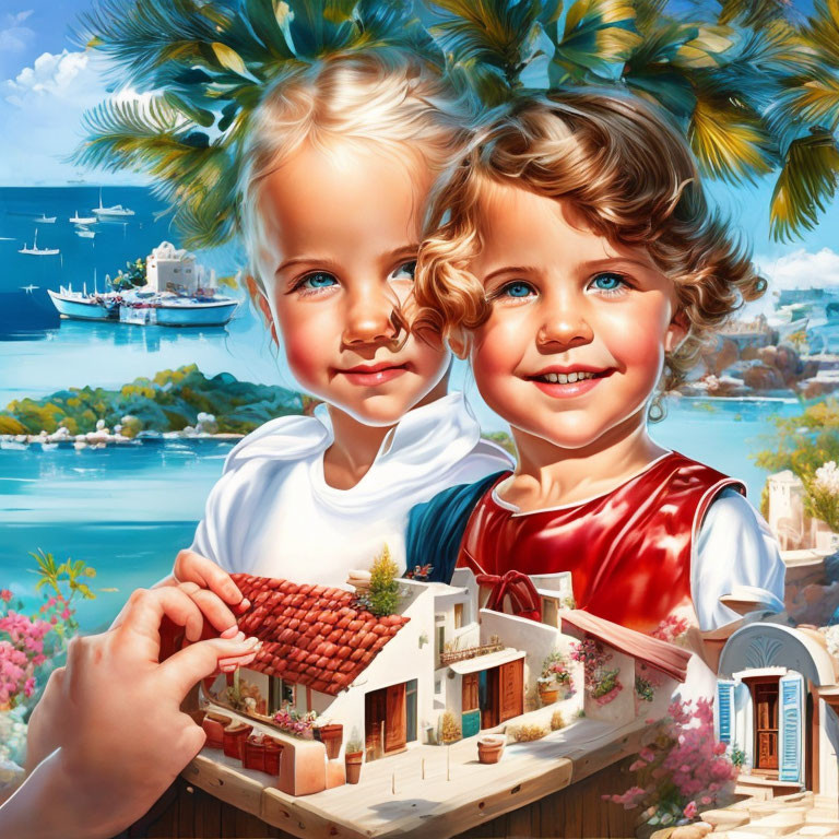 Smiling children with coastal village model and scenic seascape