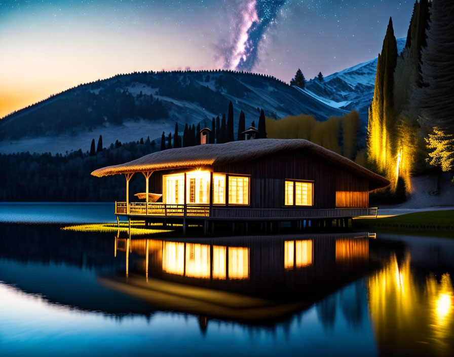 Twilight lakeside cabin with snowy mountains & starry sky