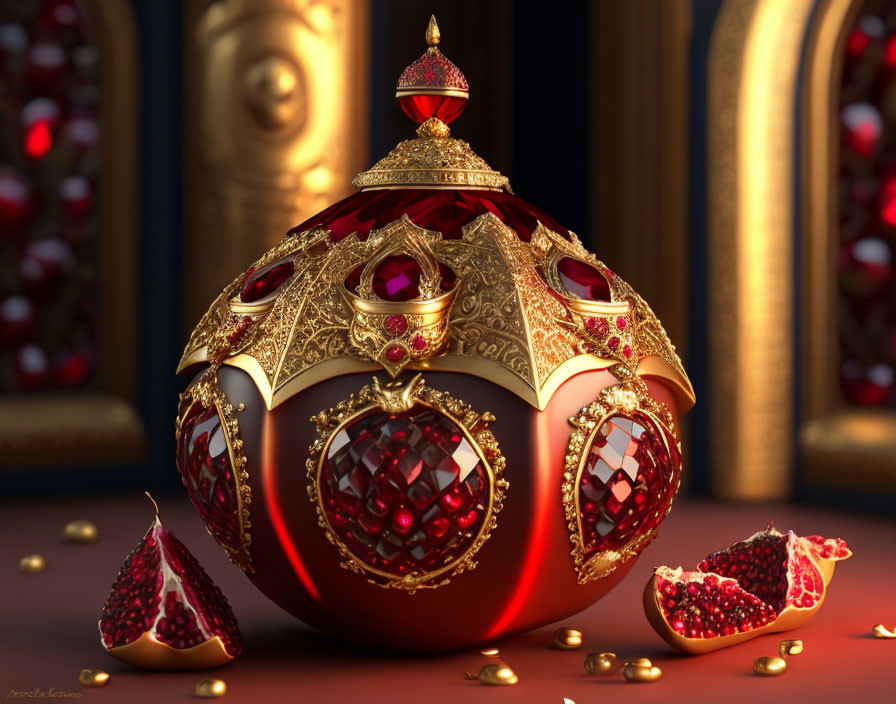 Golden and red gem-encrusted sphere with pomegranate segments and seeds on luxurious backdrop
