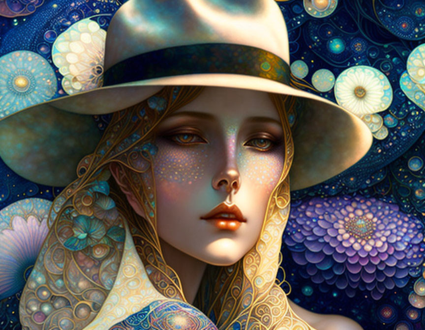 Pale-skinned woman in wide-brimmed hat surrounded by intricate colorful patterns