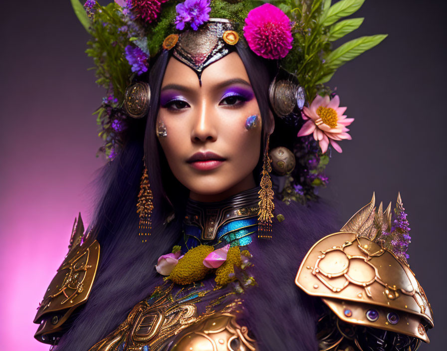 Stylized armor woman with gold accents and floral headpiece on purple background