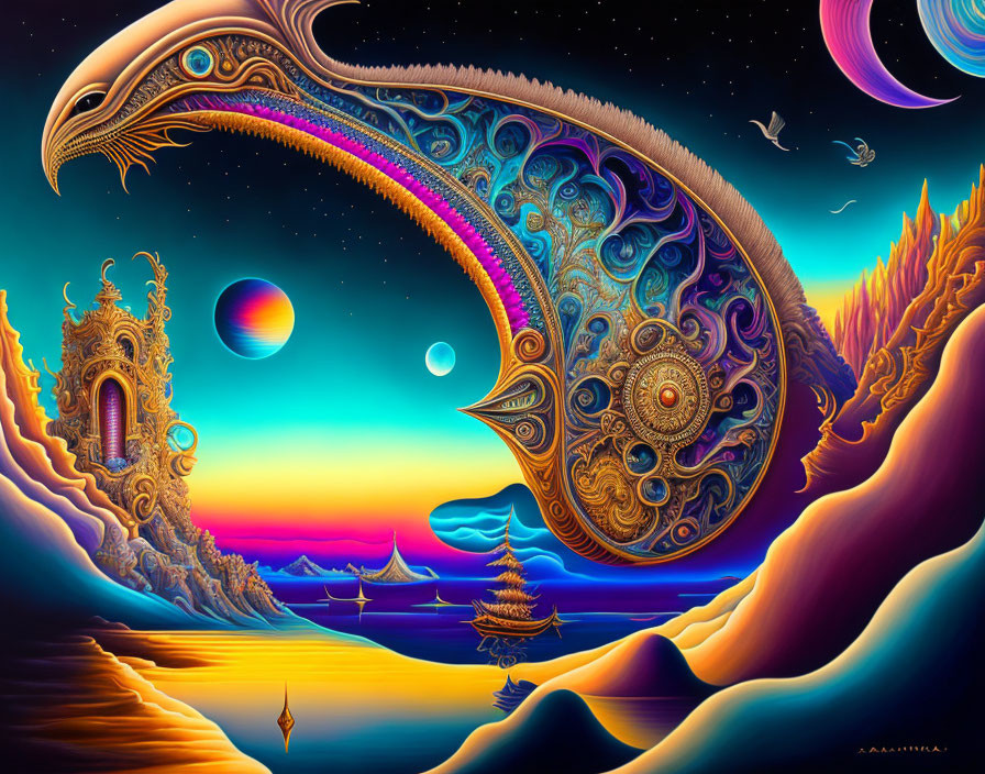 Colorful dragon-like creature in fantasy landscape with ocean, boats, whimsical gate, and multiple moons