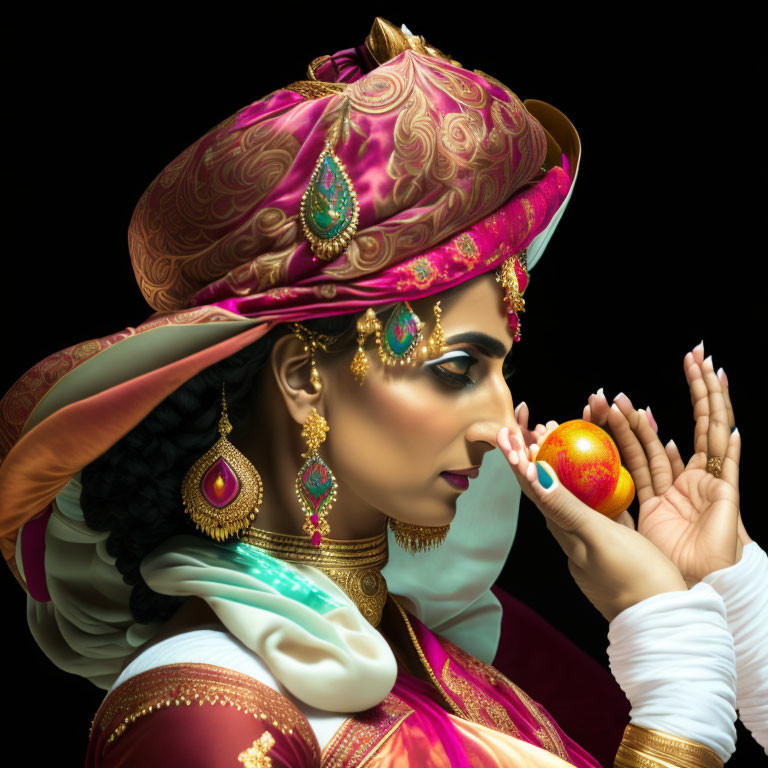 Person in ornate traditional outfit with jewelry and turban, holding glowing orb.