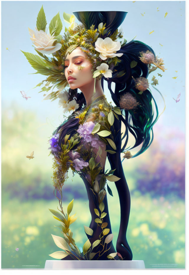 Surreal illustration of woman with floral headdress and botanical elements surrounded by butterflies