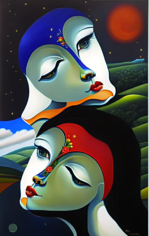 Surreal artwork featuring stylized faces with headscarf and starry background