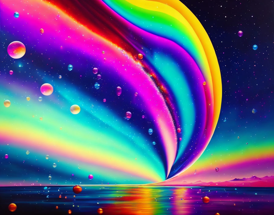 Colorful digital artwork: Rainbow vortex over reflective water, bubbles, stars, twilight sky