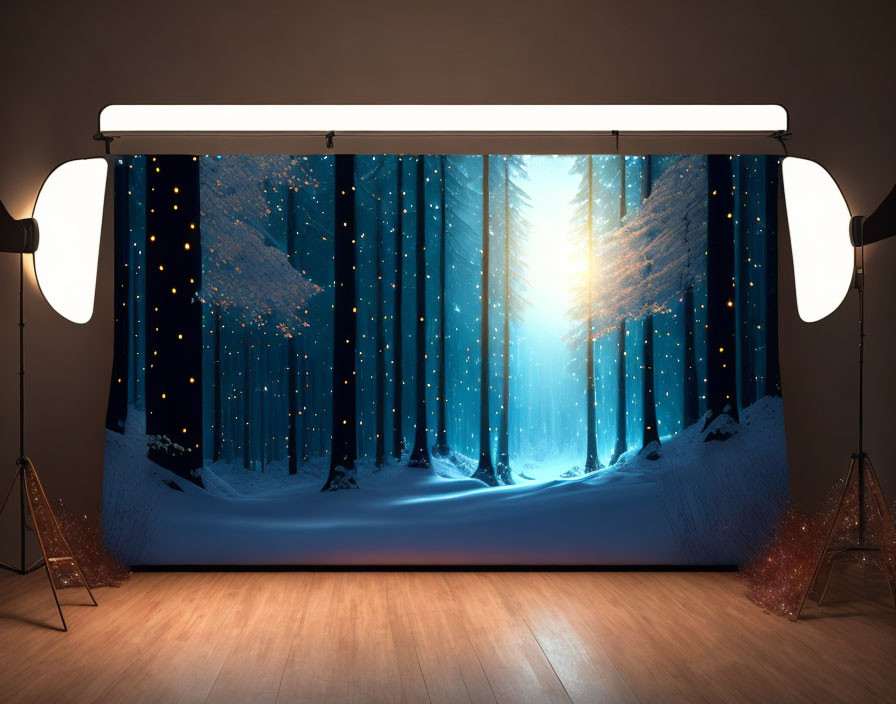 Winter Forest Scene Photography Studio Backdrop with Snowflakes and Light Beams