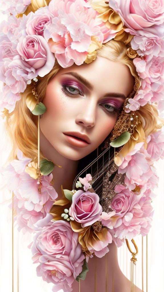 Symmetrical digital art: Woman with floral headpiece and guitar neck merges with nature elements
