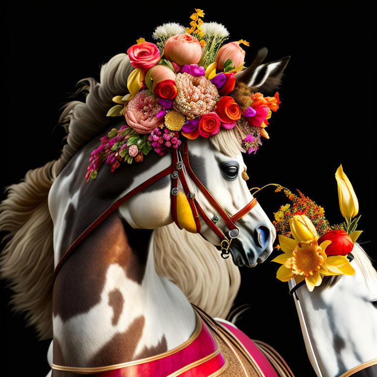 Colorful floral decorated horses in traditional bridles on black background