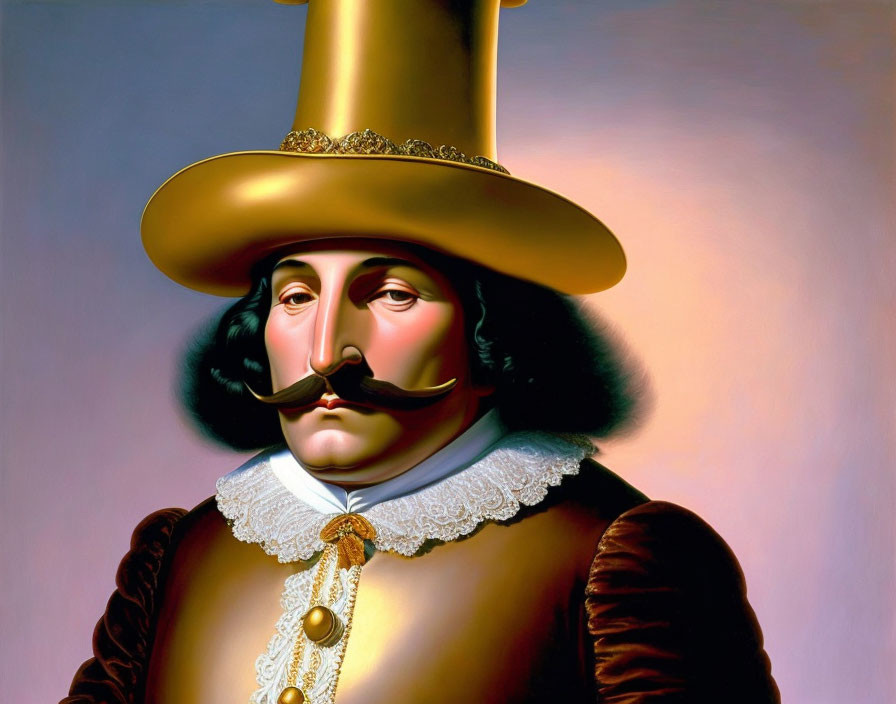 Elongated face man in golden hat and period attire portrait