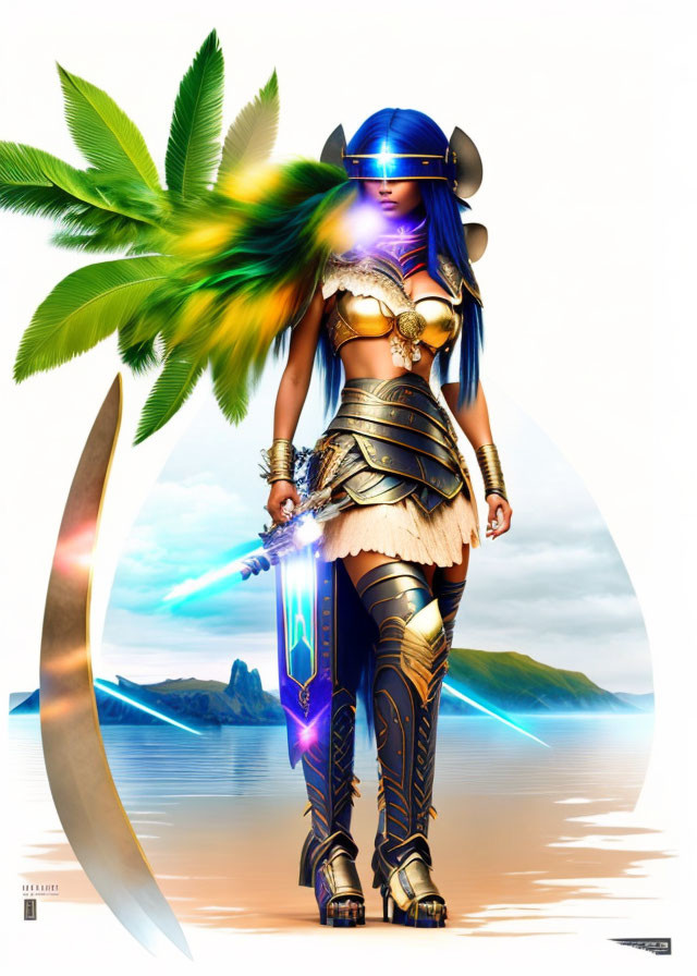 Futuristic warrior woman with blue hair on beach in golden armor and visor, wielding glowing blue