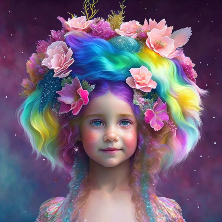 Vibrant digital portrait: Young girl with rainbow hair and floral crown on starry backdrop