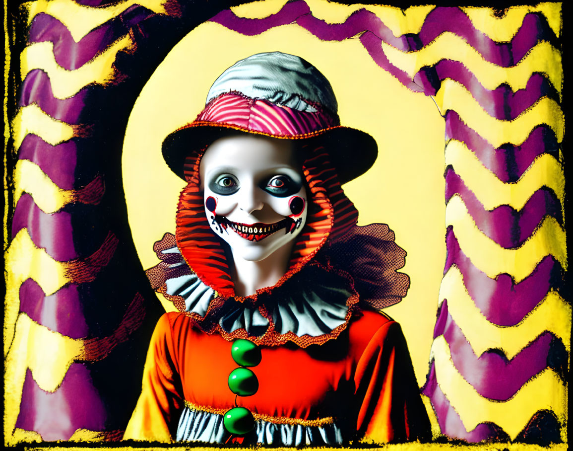 Creepy clown with unsettling grin on colorful background