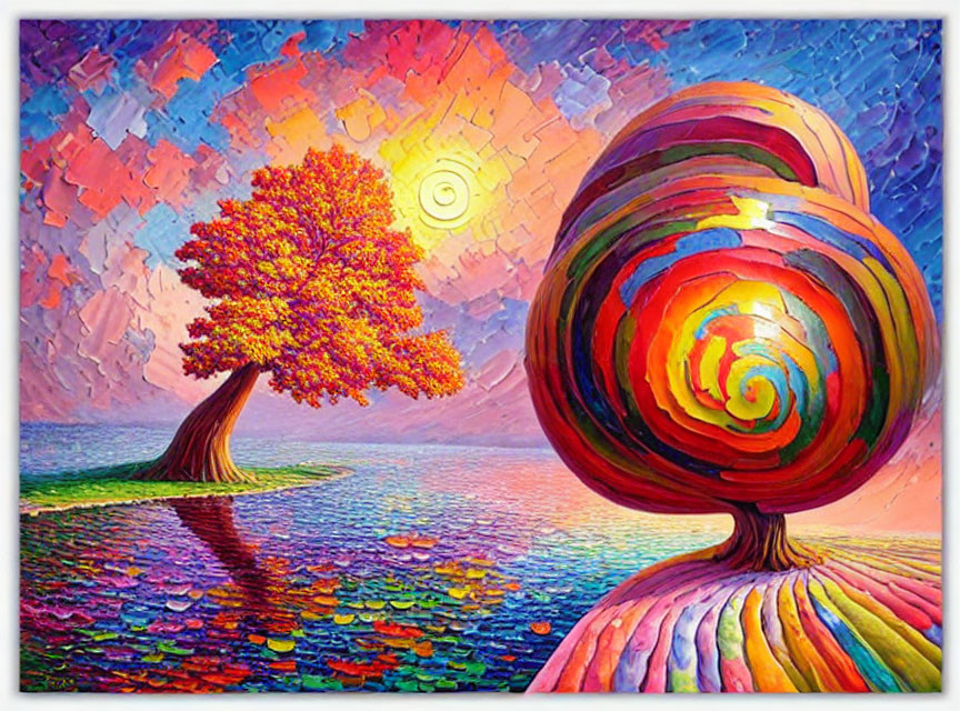 Colorful painting of whimsical landscape with spiraling tree, reflective water, and radiant sun in mosaic