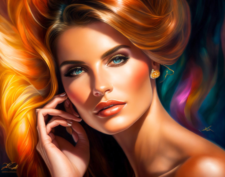 Vibrant digital portrait of a woman with flowing hair and striking features