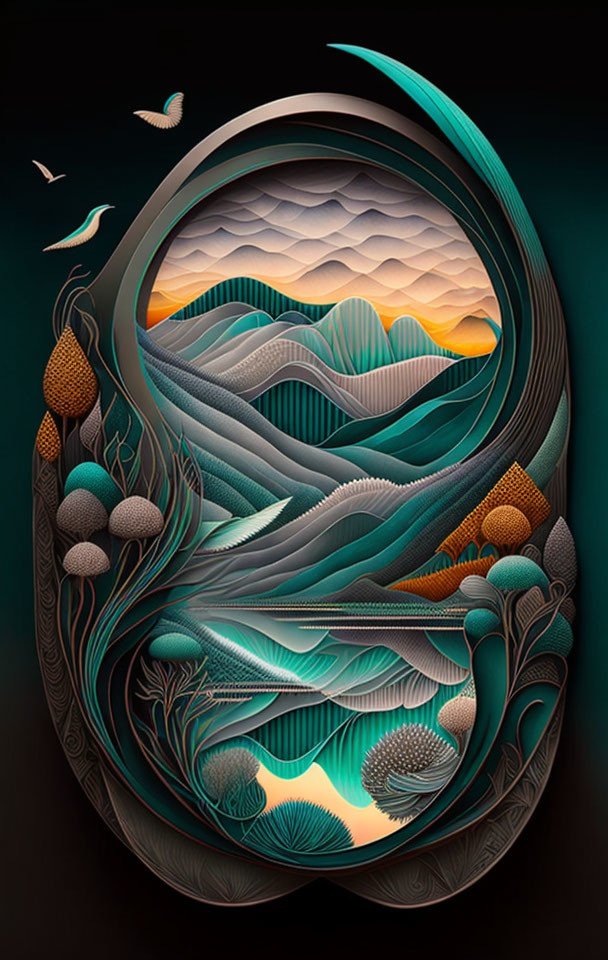 Stylized paper-cut artwork of rolling hills, streams, flora, and birds in teardrop