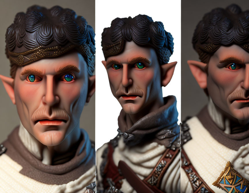 Detailed fantasy elf with pointed ears and intense blue eyes in medieval attire