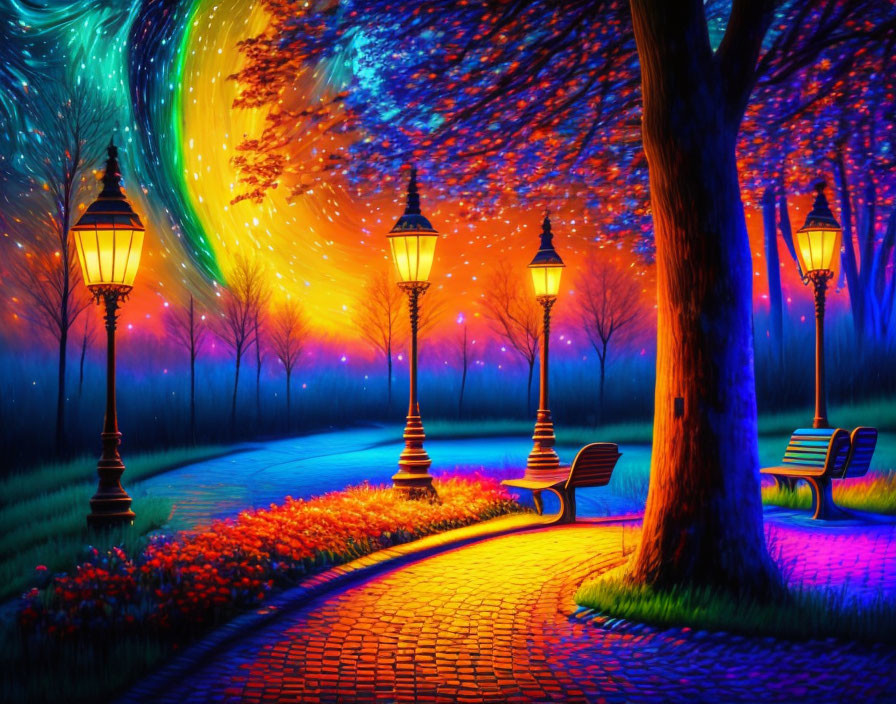 Colorful Park at Dusk with Glowing Lamps and Starry Sky