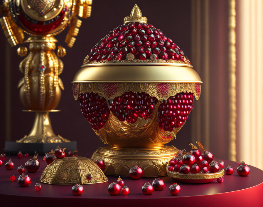 Golden jeweled container with intricate patterns, pomegranates on red surface